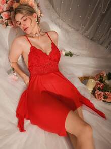 DelicateAllure Women's Sleeveless Nightgown With Spaghetti Straps, Lace Patchwork And Bow Decor, Solid Color Sexy - Red - View 5