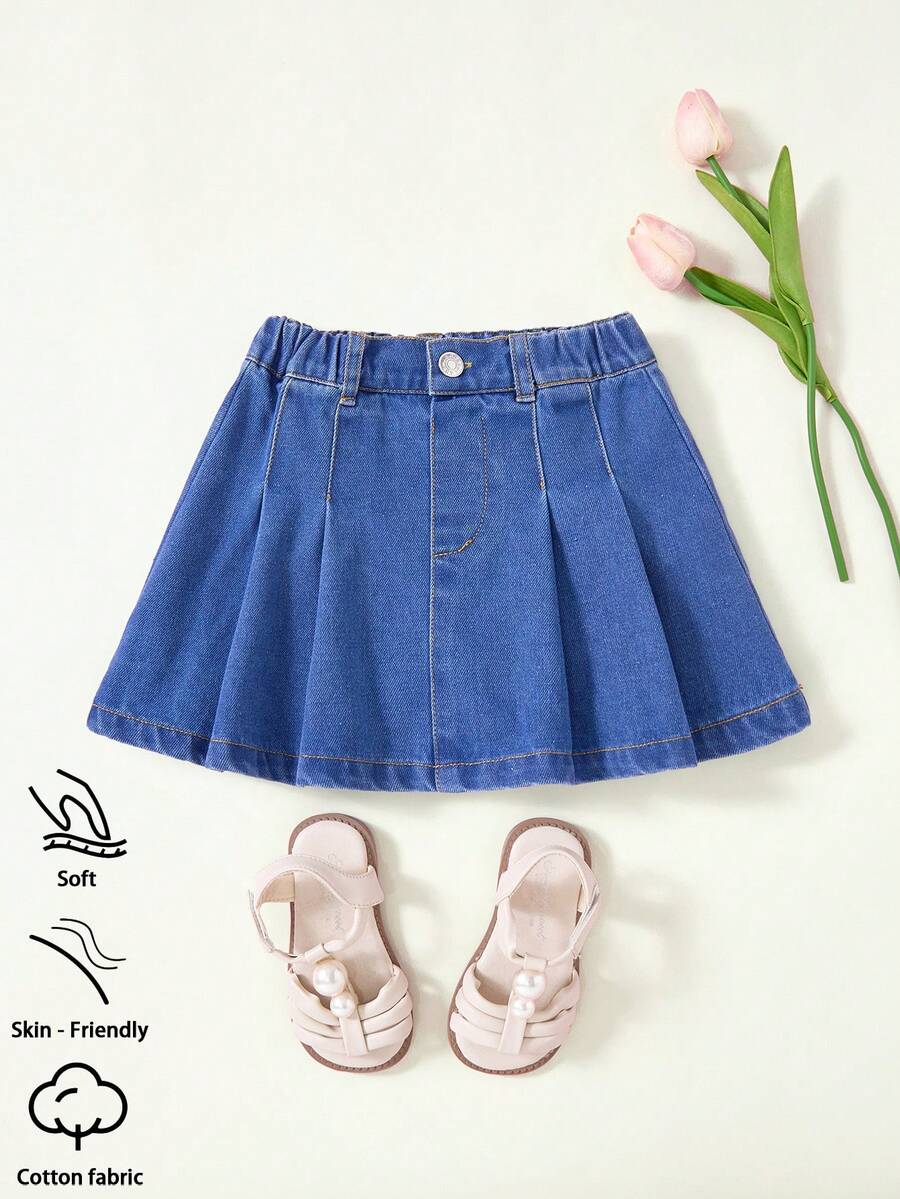 SHEIN 幼女牛仔裙,輕量夏季,休閒可愛時尚街頭風,百搭,中洗藍,夏季度假,百搭極簡,彈性腰褶皺寬鬆無彈牛仔裙,柔軟舒適棉質牛仔面料,日常穿著,聚會,學校,通勤,2026夏季新品 - 中等水洗藍 - 查看 1