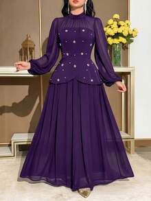Modelyn Women's Solid Color Stand Collar Raglan Sleeve Elegant Dress Formal Purple Floral Floral Autumn Birthday Dinner - Purple - View 1