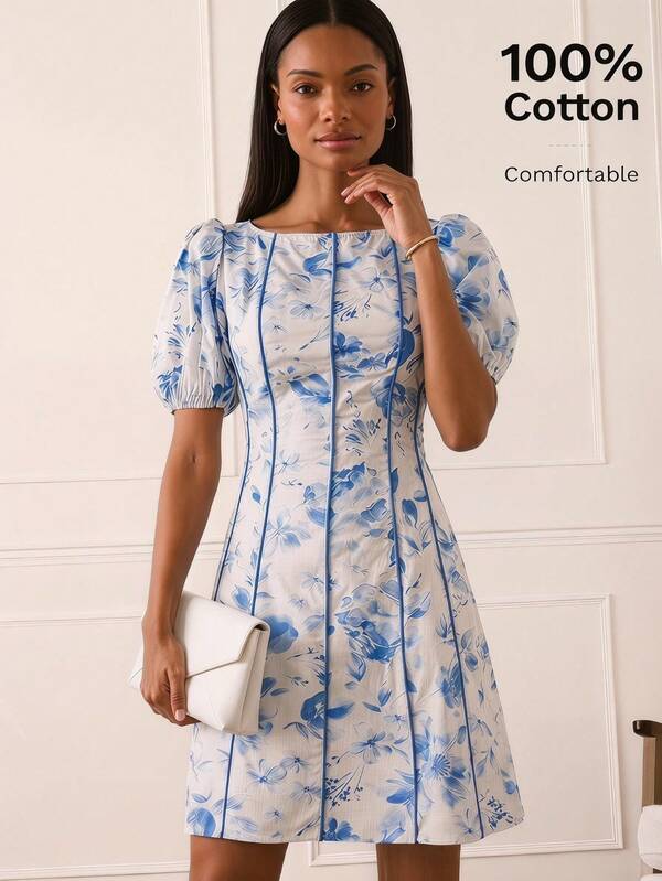 Lilora Đầm cotton in hoa thanh lịch dành cho nữ, kiểu dáng cao cấp, đa năng, phù hợp cho đi làm, dạo phố hàng ngày, tụ họp, hẹn hò, tiệc tùng, thư giãn, dã ngoại, kỳ nghỉ, mùa hè.