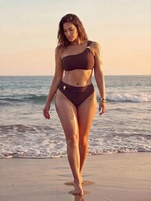Swim Chiccia Conjunto de traje de baño de bikini y bragas triangulares con decoración de metal de unicolor para mujer de talla grande para playa de verano - Marrón - Ver 3