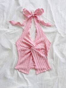 Soleia Fashionable Sexy Halter Tie Knot Hem Slit Open Back Camisole,Summer Top - Pink - View 6