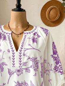 Rusticease Lässige Sommerbluse für Damen in großen Größen mit lila Blumenmuster und kurzen Ärmeln im Landhausstil. Ideal für Urlaub, Freizeit und Freizeit. Auch als Tunika oder Oberteil mit Blumenmuster erhältlich. - Violett - Übersicht 7
