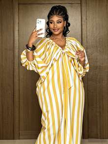 Maweii Plus Size V-Neck Puff Sleeve Bow Striped Vacation Dress Fall - Multicolor - View 4