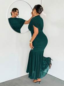 Firerie Plus Size Women's Elegant Dark Green Autumn Wedding Guest Dress,Delicate Sheer Mesh 2 In 1 Charming Extra Long Maxi Party Dress - Green - View 2