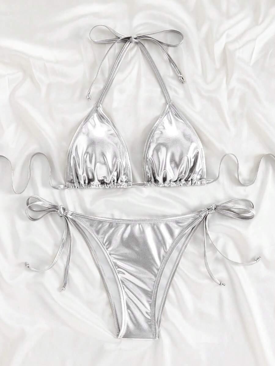 Swim Vcay 女款夏季海灘素色掛脖綁帶性感比基尼泳衣套裝 - 銀色 - 查看 1