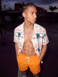 Manfinity KASUA Conjunto casual de playa para hombres con camisa de manga corta y pantalones cortos, minimalista y de moda para uso diario, bañador hawaiano - Naranja Coral - Ver 4