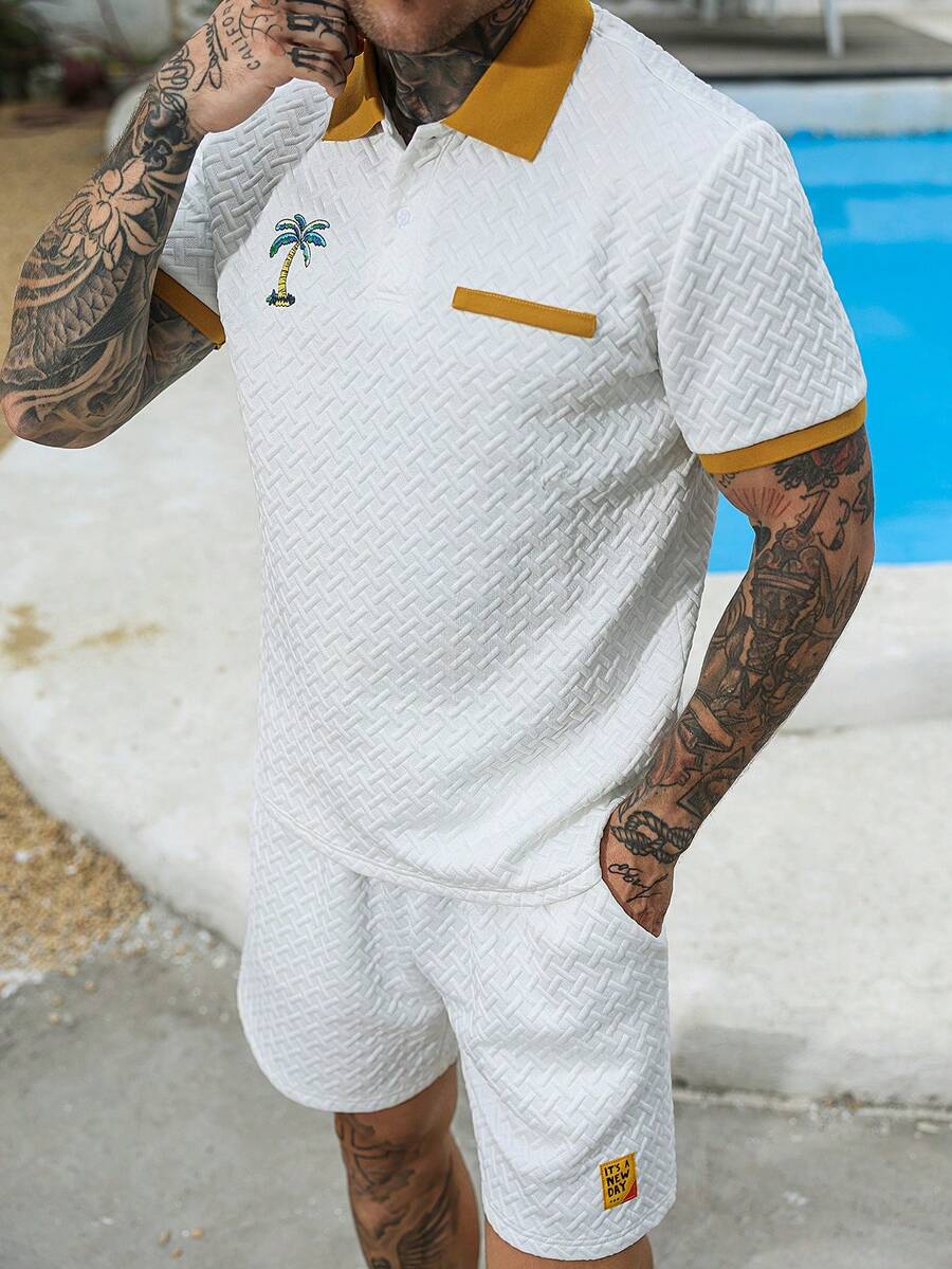 Manfinity Homme Men's Knitted Jacquard Solid Color Textured Collar & Cuff Ribbed Chest Stripe & Embroidered Classic Two-Button Polo Set - White - View 1