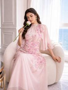 Auveirra Plus Size Women Elegant Floral Print Tie Neck Dress Sundress Pink - Pink - View 7