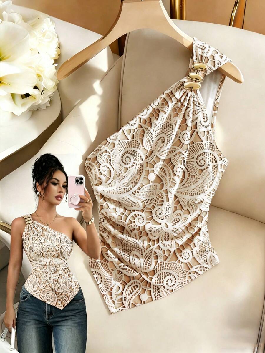 Rafferiza Top/Top/Camiseta Assimétrica com Estampa de Bolinhas Vermelhas, Decor de Metal com Fivela, Franzido na Barra Assimétrica, Adequada para Dia dos Namorados, Encontros, Volta às Aulas, Verão, Praia, Férias, Bolinhas Retrô - Damasco - Visão 1