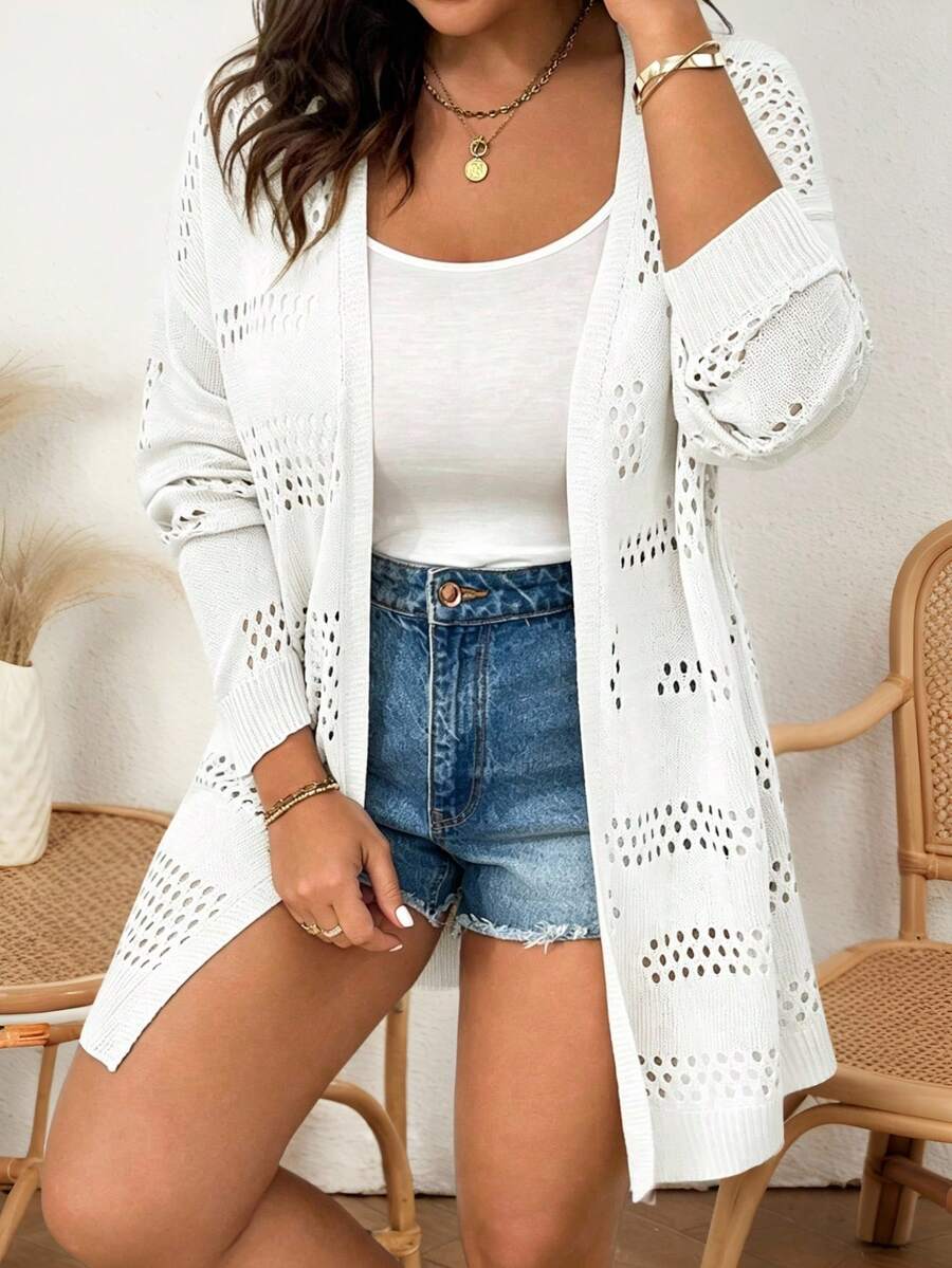 Elenzga Plus Size Solid Color Casual Long Sleeve Hollow-Out Knit Cardigan Fall - White - View 1