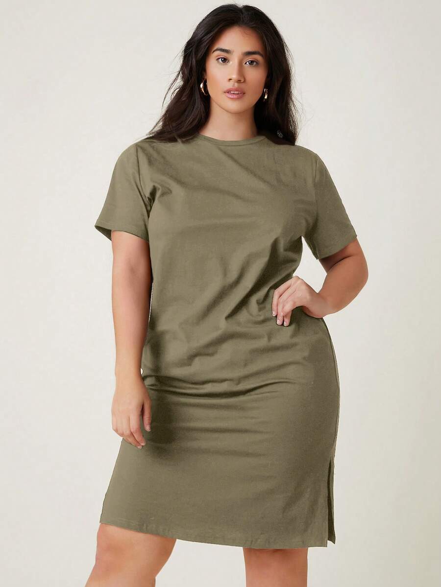 Rosumi 大尺碼素色開衩下擺T恤洋裝 - Moss Green - 查看 1