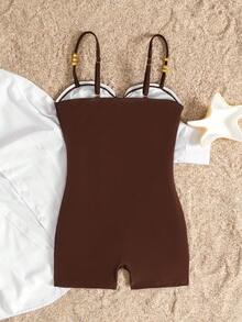SHEIN 春/夏休閒海灘度假無肩帶抹胸式抓皺咖啡棕波點印花 1 件式泳衣，咖啡色底色配黃色波點與金屬海星裝飾，適合青少年女孩 - 咖啡棕 - 查看 2
