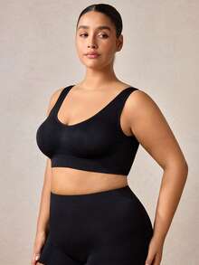 Veilyse 1 pieza Sujetador deportivo sin costuras de doble capa y unicolor para mujer de talla grande, ropa interior de yoga y fitness cómoda y inalámbrica (con almohadillas no fijas desmontables) - Negro - Ver 6