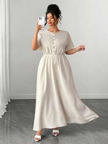 SHEIN LUNE CURVE 大码女士优雅圆领短袖收腰A字连衣裙，适合夏季通勤 - 杏色 - 查看 3
