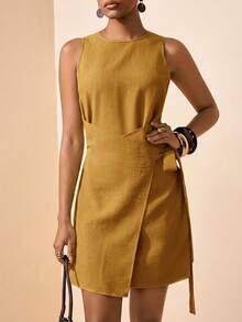 xheZivah Nuevo vestido mini de mujer de lino marrón de cuello redondo sin mangas con envoltorio para primavera/verano 2026. Adecuado para uso diario, vacaciones, estilo bohemio, playa, fiesta, invitado de boda, atuendo de aeropuerto, brunch, viajes, vacaciones, té de la tarde y compras.xhe - Mostaza Amarilla - Ver 9