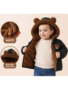 SHEIN Playful Pals 1 chiếc áo khoác hoodie chần bông dày lông cừu cho bé trai unisex màu đen mùa đông, thêu gấu dễ thương, tai 3D, khóa kéo - màu đen - Xem 5