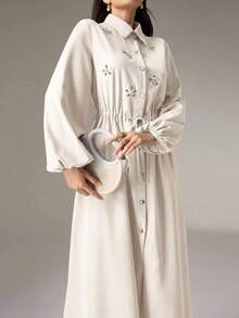Modelyn Women's Rhinestone Decor Drawstring Waist Long Sleeve Long Shirt And Pants Casual 2-Piece Set - Apricot - View 7