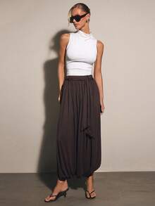 COSMINA Damen einfarbige Hose mit Twist-Taille, weites Bein, locker geschnitten, Laternenbein - Braun - Übersicht 3