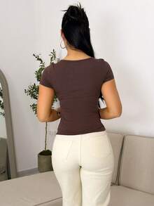 Vassilux Bohemian Style Brown Sweet Collar Ruffle Tie Front Short Sleeve Casual Retro T-Shirt For Women, Spring/Summer - Brown - View 2