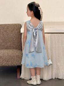 DAZY Young Girl Floral Embroidery Bow Decor Round Neck Sleeveless Dress - Blue - View 6