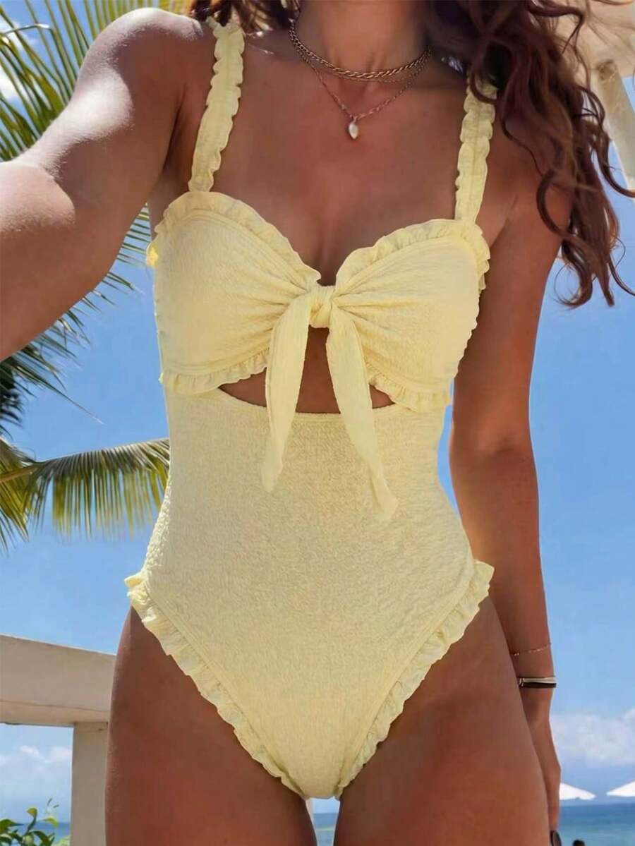 Swim Mod New One-Piece Swimsuit, Sexy & Cute Textured Fabric Bandeau Swimwear, Suitable For Beach & Holiday, Spring/Summer - Mustard Yellow - View 1