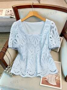 GlowEve CURVE Fashionable Elegant Square Collar Short Sleeve White Hollow Lace Blouse, Spring/Summer Plus Size - Baby Blue - View 1