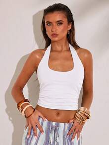 SHEIN BAE Áo tank top nữ cổ yếm ôm dáng màu trơn phong cách casual - trắng - Xem 7