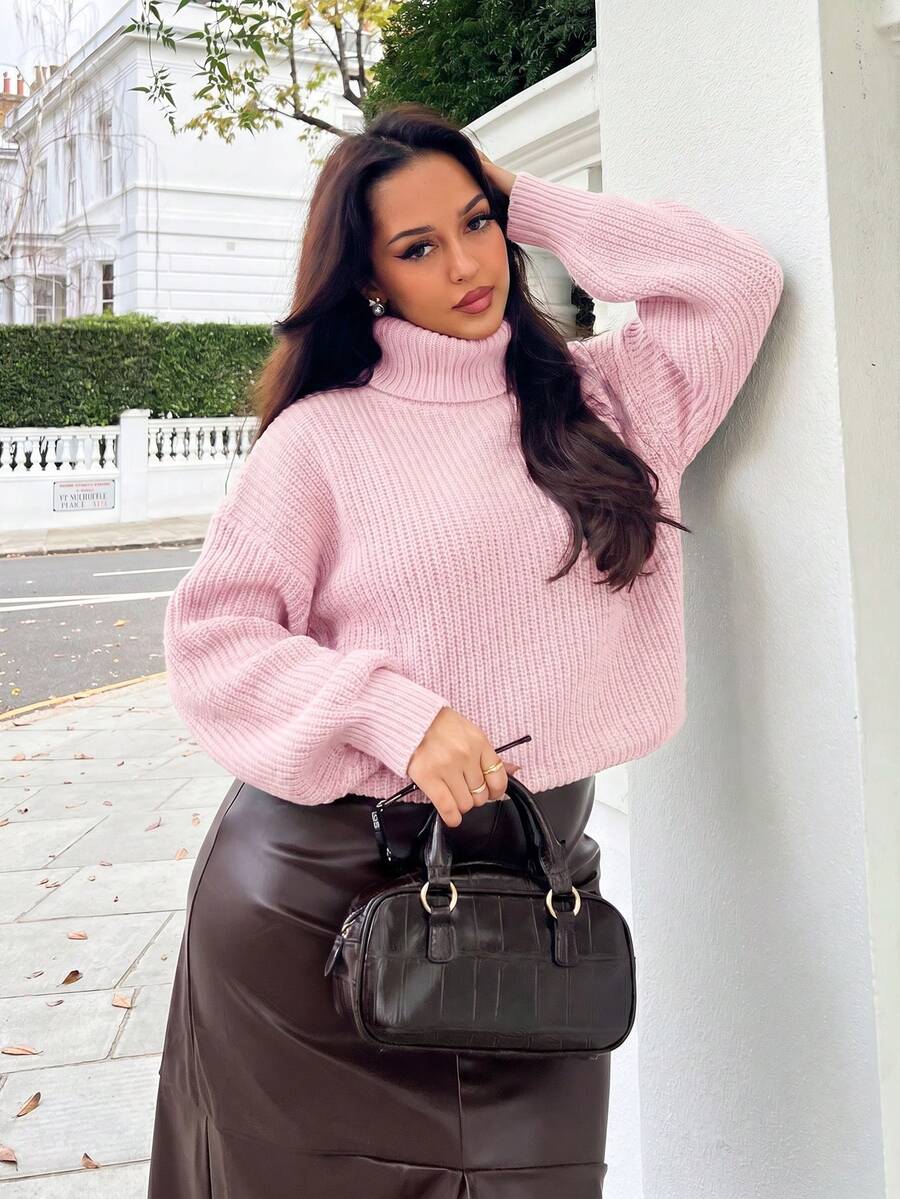 NegzBox Solid Color Drop Shoulder Long Sleeve Ribbed Turtleneck Casual Knit Pullover Sweater Pink - Pink - View 1