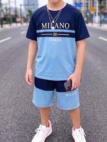 Conjunto de camiseta de manga corta con cuello redondo y estampado de letras de color contrastante, y pantalones cortos para niño preadolescente - Multicolor - Ver 3