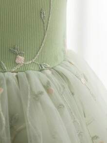 SHEIN 少女時尚可愛綠色網紗蕾絲刺繡公主迷你洋裝，優雅舒適兒童服飾，適合戶外、活動、派對及日常穿著 - 薄荷綠 - 查看 4