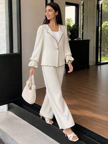 Solavon Bộ 2 món áo blouse tay bèo xòe phối màu tương phản thanh lịch và quần dài cho nữ, phù hợp mùa xuân và mùa thu - Màu be - Xem 3