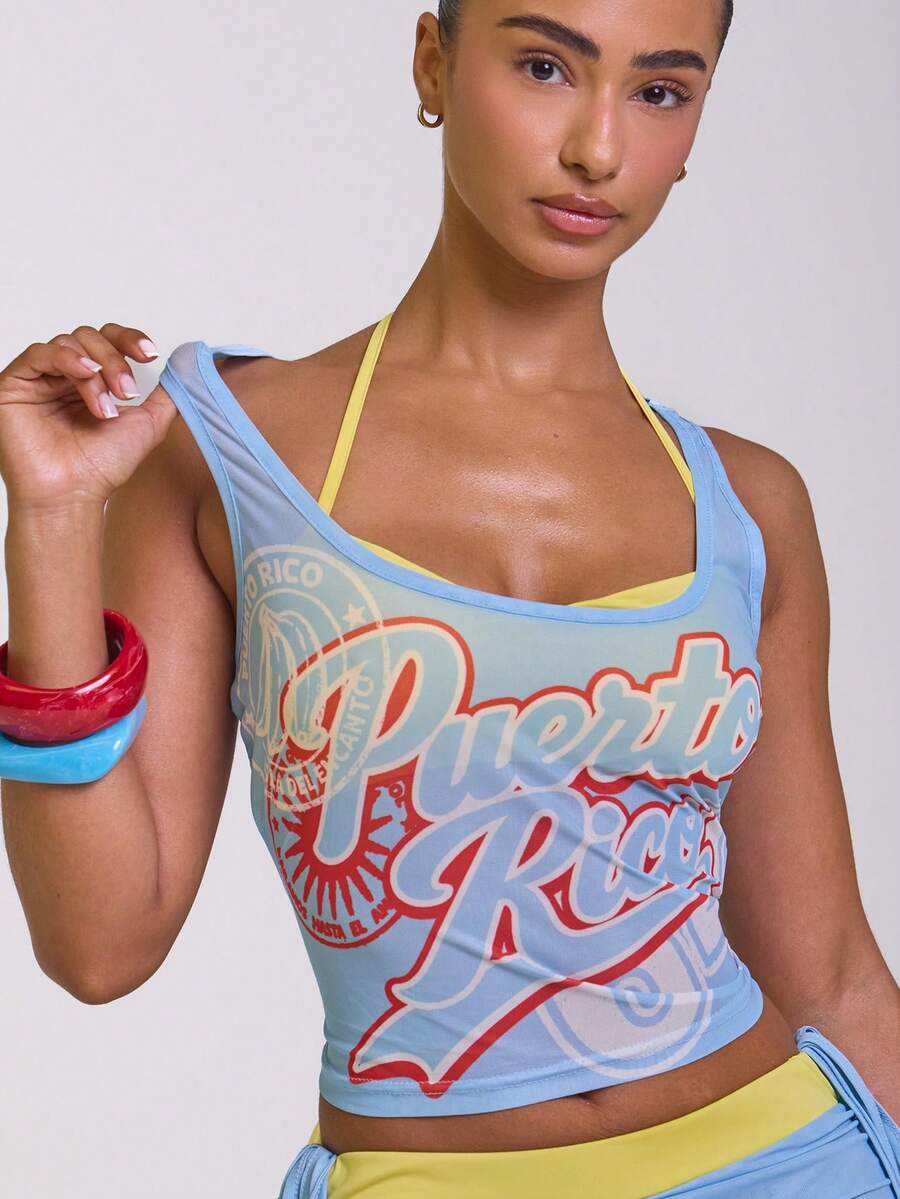 MUSERA Printed Double Layer Top 'Puerto Rico' Spring Summer Vacation Holiday Ibiza Boho Elegant Casual Carnival Festival - Blue - View 1
