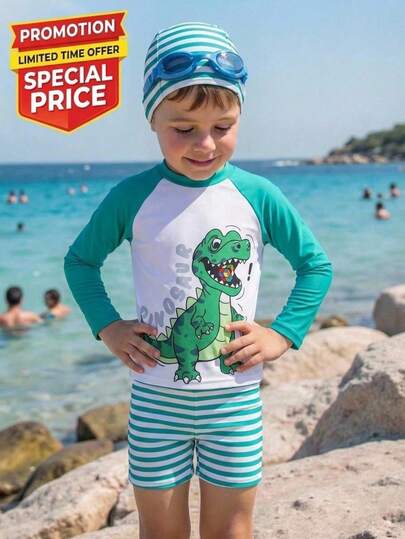 SHEIN Đồ bơi bằng polyester in hình khủng long cho bé trai, kiểu dáng thoải mái và mát mẻ cho mùa hè, đi biển và bơi lội.