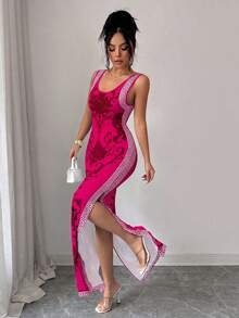 SHEIN Elenzya Exquisite Printed Chinoiserie Waist-Cinching Slit Luxurious Retro Middle Eastern UAE Style Robe, Tight Fit, Multi-Color, Sleeveless - Hot Pink - View 6