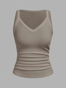 Slaydiva Khaki Summer Casual Vacation Women Ribbed V-Neck Racerback Gathered Tank Top,Solid Versatile Basic Boho Style Ribbed Knit Shirt For Party Going Out - Grey - View 3