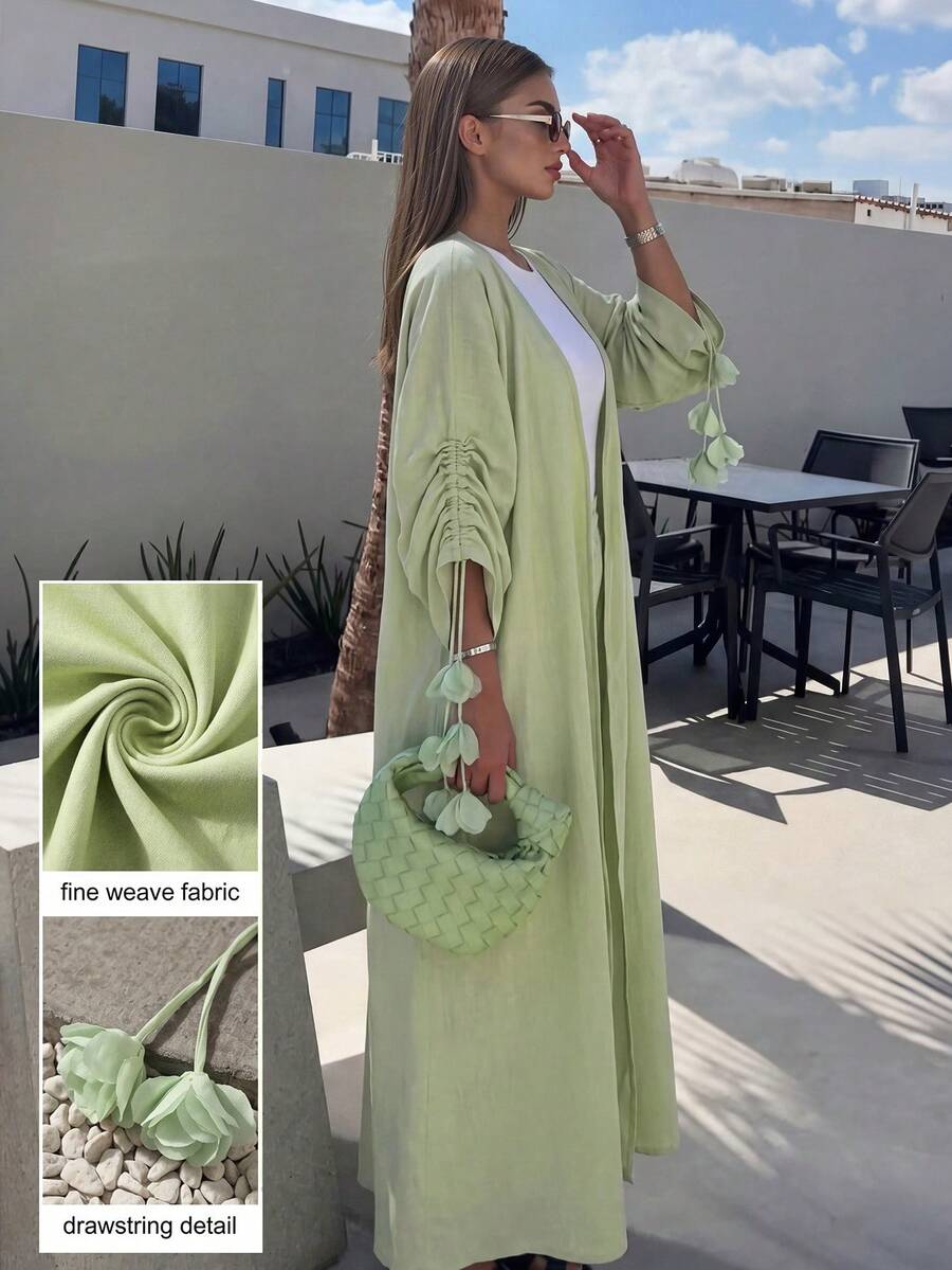 Yasmyna Mint Green Pleated 3/4 Sleeve Floral Decor Women's Abaya