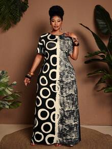 Maweii Plus Size Women's Summer Graphic Print Elastic Fabric Dress, Elegant Summer Outfit, Suitable For Vacation, Birthday, Beach, Carnival - Apricot - View 5