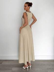 Siren Gaze New Summer Sleeveless Linen Maxi Dress With Beige Detail Slimming Fit - Versatile Style For Bohemian Elegant Beach Vacation Or Daily Commuting - Apricot - View 3