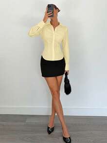 Siren Gaze Blusa de manga larga con botones y pliegues de unicolor para mujer - Amarillo claro - Ver 6