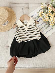 SHEIN LMoss Kids Babygirl Cute Summer Striped Polo Collar Tank Top And Elastic Waist Ruffle Shorts Set - Black - View 5