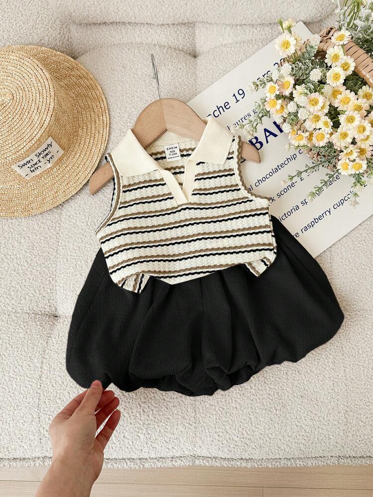 SHEIN LMoss Kids 女婴可爱夏季条纹 Polo 领背心和松紧腰荷叶边短裤套装 - 黑色 - 查看 5