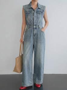 DAZY Macacão jeans feminino casual com bolsos e fechamento por botões para o verão. - Azul - Ver 4