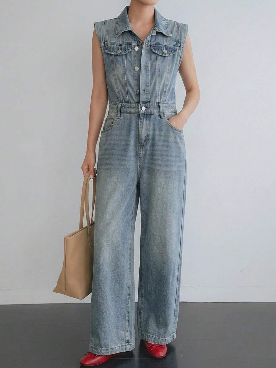 Women's Casual Denim Jumpsuit With Pockets And Button Closure Summer