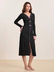 Hourtrue Women's Spring/Autumn Long Sleeve Dress, Sweet Bow Decor, Solid Color, Ribbed, Sexy Fitted V-Neck Flare Sleeve Maxi Dress, Comfortable For Indoor & Outdoor Wear - Black - View 5