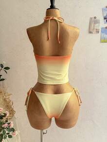 Soleia Women's Summer Beach Floral Print Halter Tie Tankini And Triangle Tankini Swimwear Set - Orange - View 2
