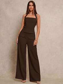 Glamine Bộ 2 món áo crop top ôm eo gợi cảm và quần ống đứng, vải dệt màu mơ, thiết kế đơn giản, dễ phối đồ, bộ sưu tập xuân mới. - màu nâu - Xem 6