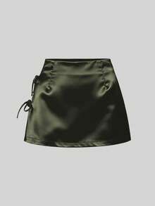 Sweetra Chân váy mini satin màu hồng dáng chữ A xẻ tà gợi cảm thắt nơ, thiết kế mùa xuân/hè dành cho nữ, thích hợp mặc hàng ngày. - màu xanh lá - Xem 3