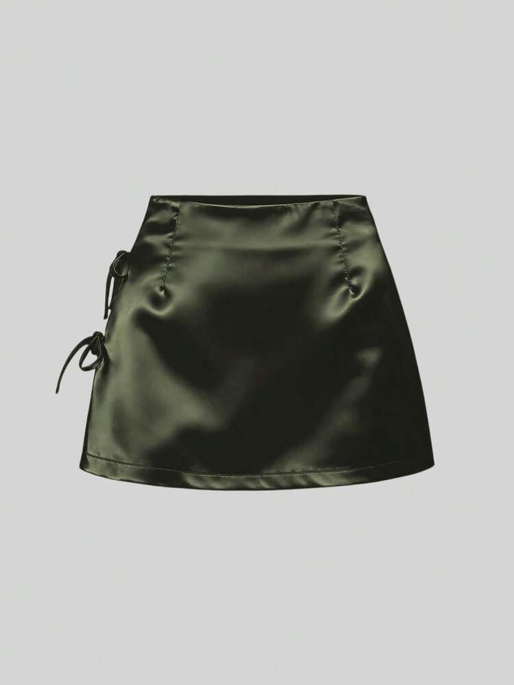 Sweetra Chân váy mini satin màu hồng dáng chữ A xẻ tà gợi cảm thắt nơ, thiết kế mùa xuân/hè dành cho nữ, thích hợp mặc hàng ngày. - màu xanh lá - Xem 3
