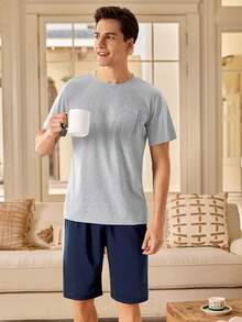 Manfinity Underwear&Sleepwear Basics 男士短袖T恤 & 短褲睡衣套裝 - 淺灰色 - 查看 5